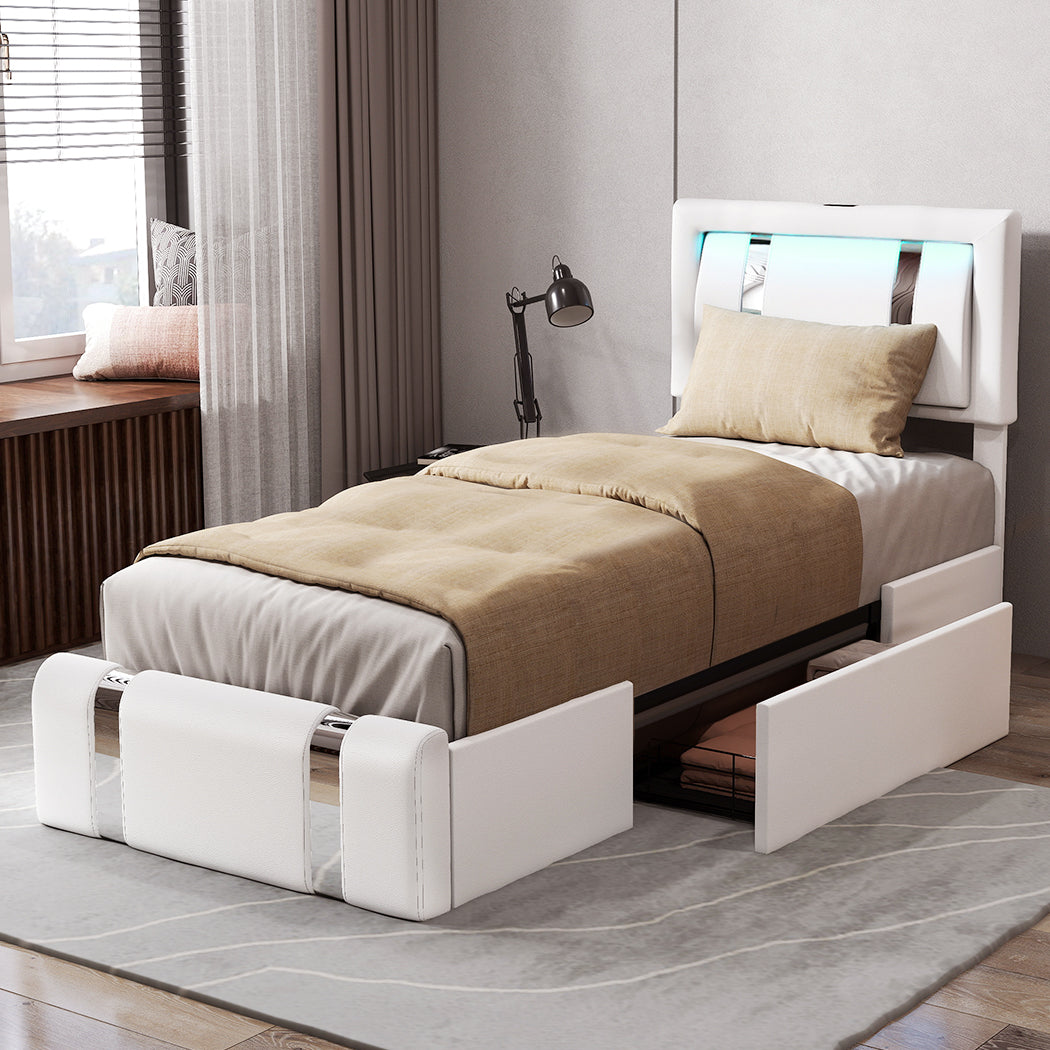 Levede Single Bed Frame Leather Headboard RGB 2 Drawers-2006732796336410631