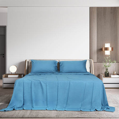 Dreamz 4pcs King Size 100% Bamboo Bed Sheet Set in Blue Colour-1954802919547211783