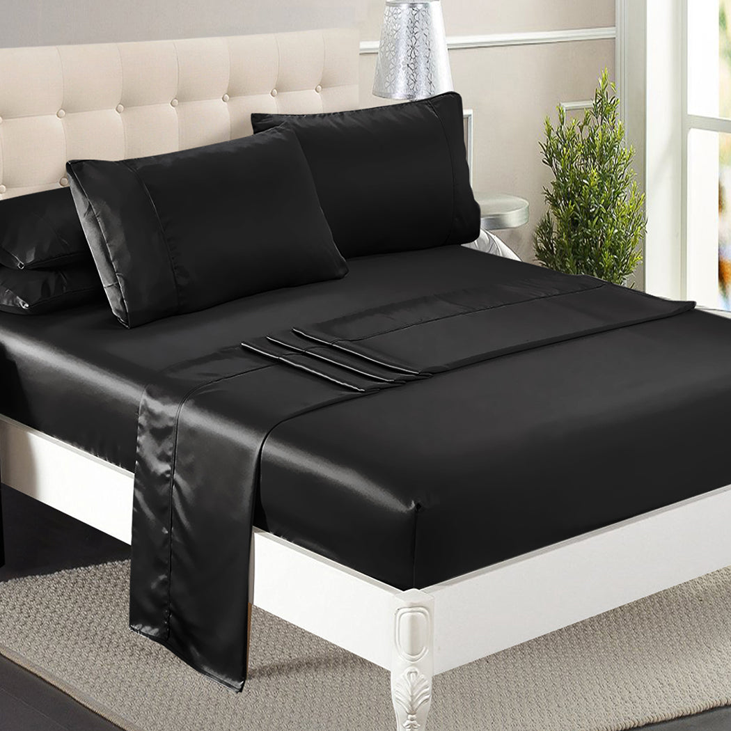 DreamZ Silky Satin Sheets Fitted Flat Queen Black-2006733218992230407