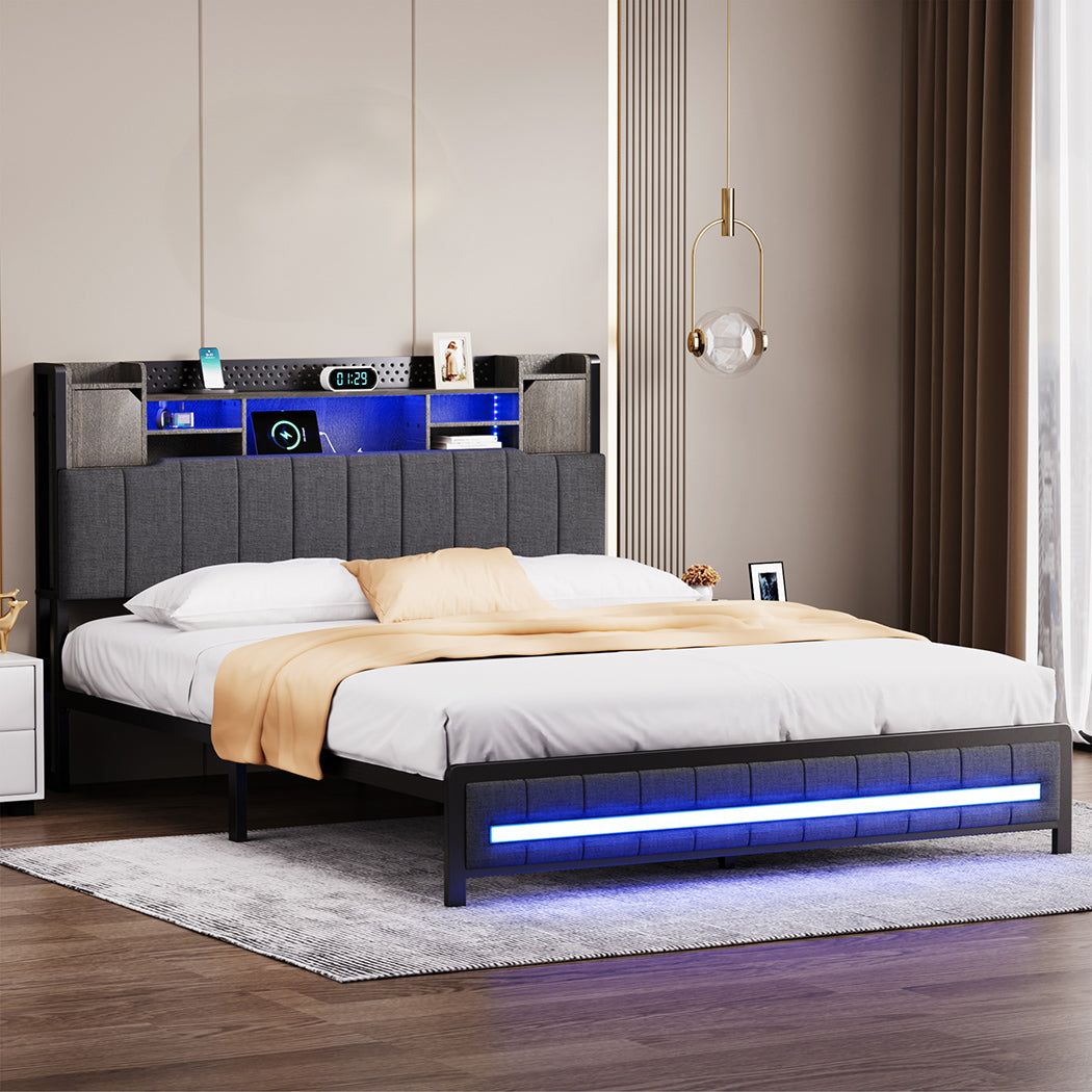 Levede Queen Bed Frame with Storage Headboard RGB LED-2006732901781213191