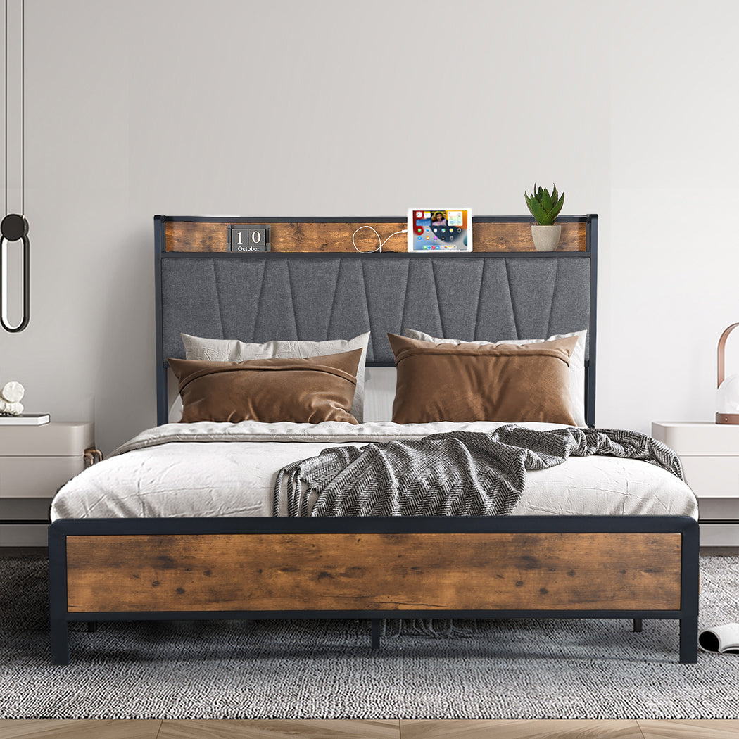 Levede Double Bed Frame Tufted Headboard USB Charge-2006732834424885255
