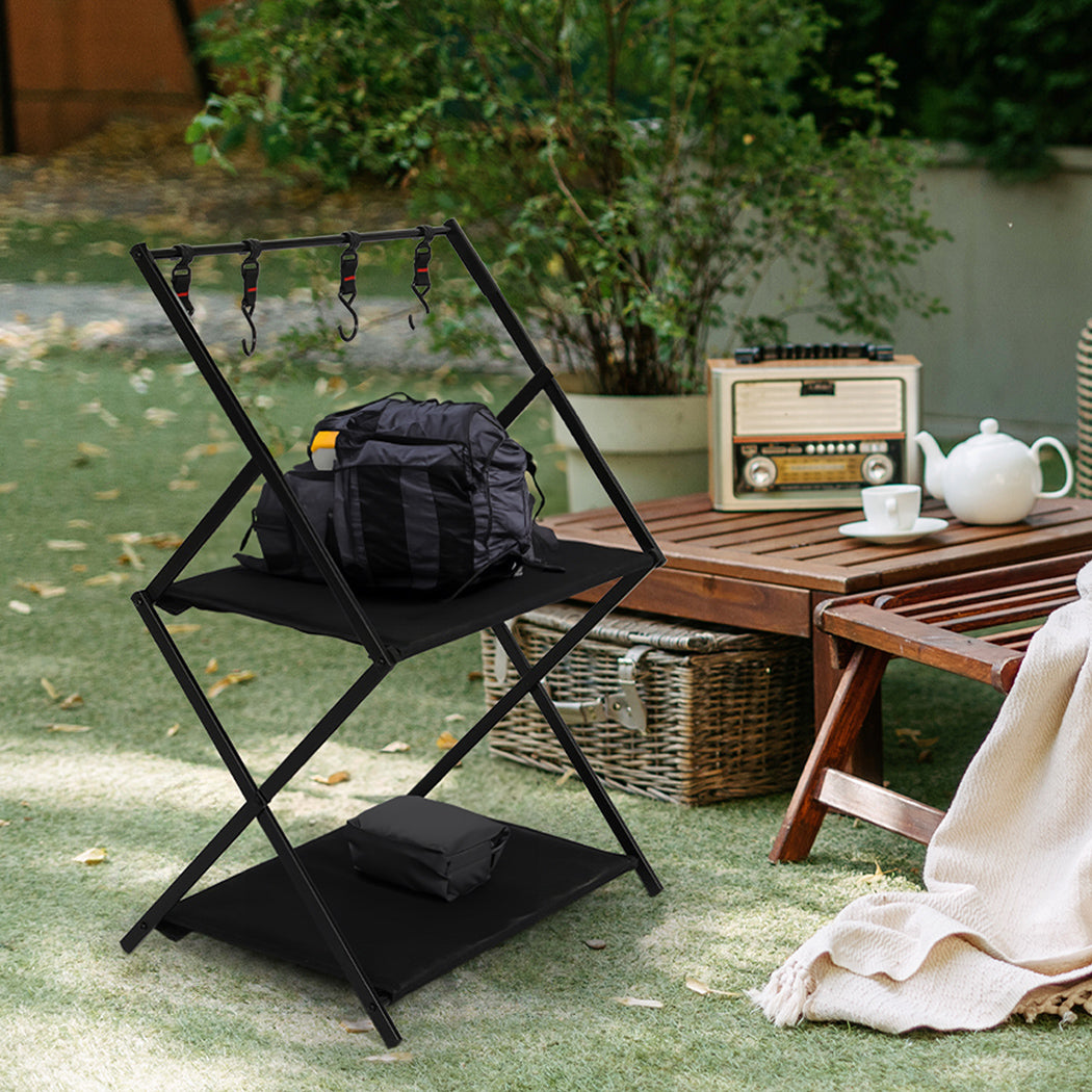 Levede Foldable Camping Storage Shelves 2 Layer with Hooks Black-2018816784416772102