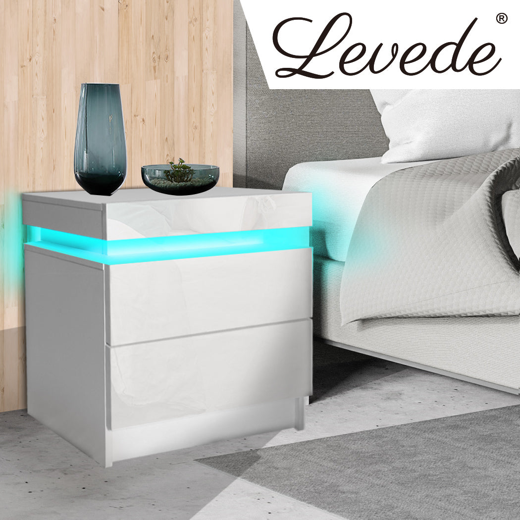 Levede Bedside Tables RGB LED Side Table White-2006733164277534727