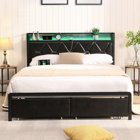 Levede Queen Metal Bed Frame LED Lights 2 Drawers-1954802444034772999