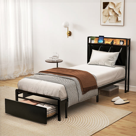 Levede Single Bed Frame Leather Headboard RGB 2 Drawers-2006732795887620103