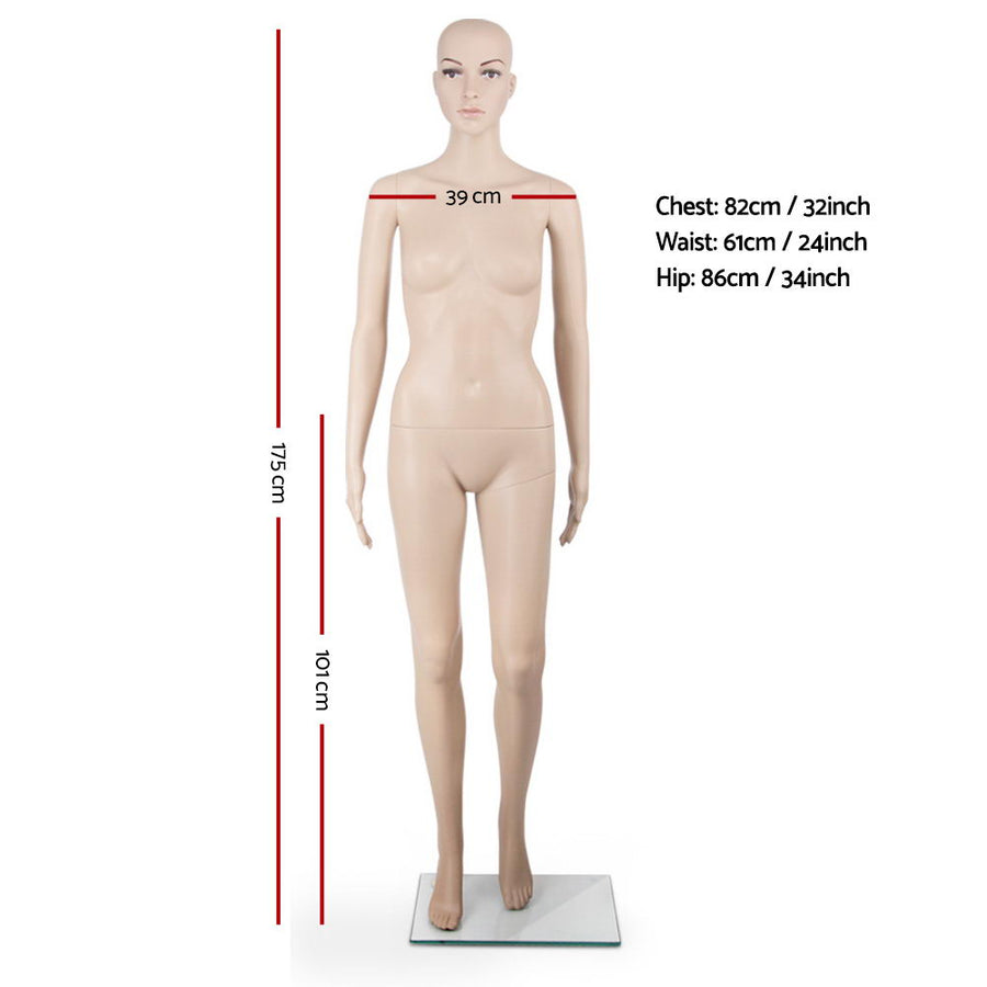 175cm full body female mannequin on a glass base, skin coloured, adjustable mannequin arms