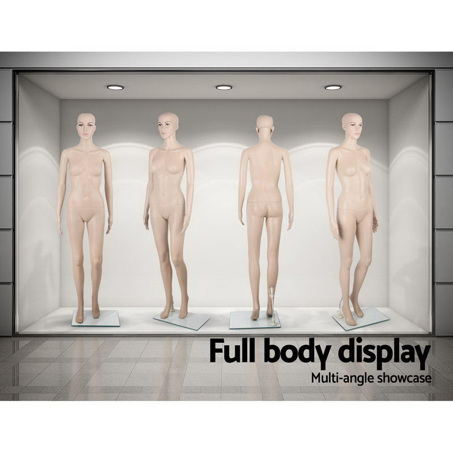 175cm full body female mannequin on a glass base, skin coloured, polished edge glass base