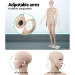 175cm full body female mannequin on a glass base, skin coloured, aluminium calf spigot
