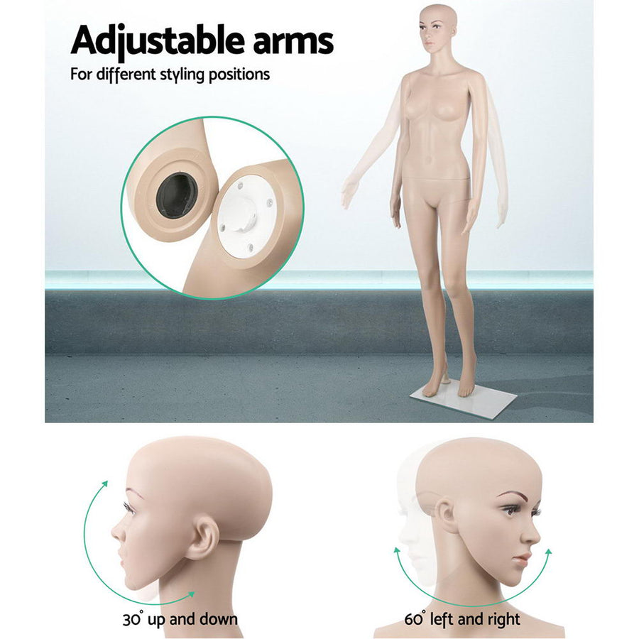 175cm full body female mannequin on a glass base, skin coloured, aluminium calf spigot