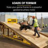 BAUMR-AG 40V Li-ion 300KG / 300L Wheelbarrow, ATV Tow Bar, Deep V-tread Tyre, 7.5Ah Lithium Battery, 2 Wheel Direct Drive - Close-Up Angle
