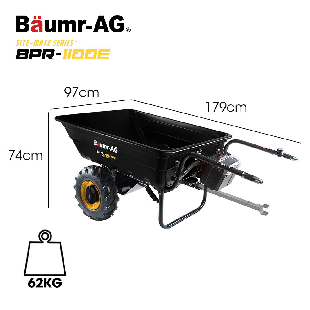 BAUMR-AG 40V Li-ion 300KG / 300L Wheelbarrow, ATV Tow Bar, Deep V-tread Tyre, 7.5Ah Lithium Battery, 2 Wheel Direct Drive