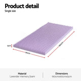 Giselle 5cm Memory Foam Mattress Topper Lavender Infused Egg Crate Pad Mat Single - Front View