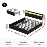 Artiss Metal Bed Frame King Size Storage Headboard Charge Station LED 4 Drawers - Front View