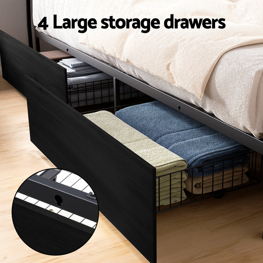 Artiss Metal Bed Frame King Size Storage Headboard Charge Station LED 4 Drawers