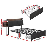 Artiss Metal Bed Frame Queen Size with 2-Tier Hidden Storage with Charging Station - Side View