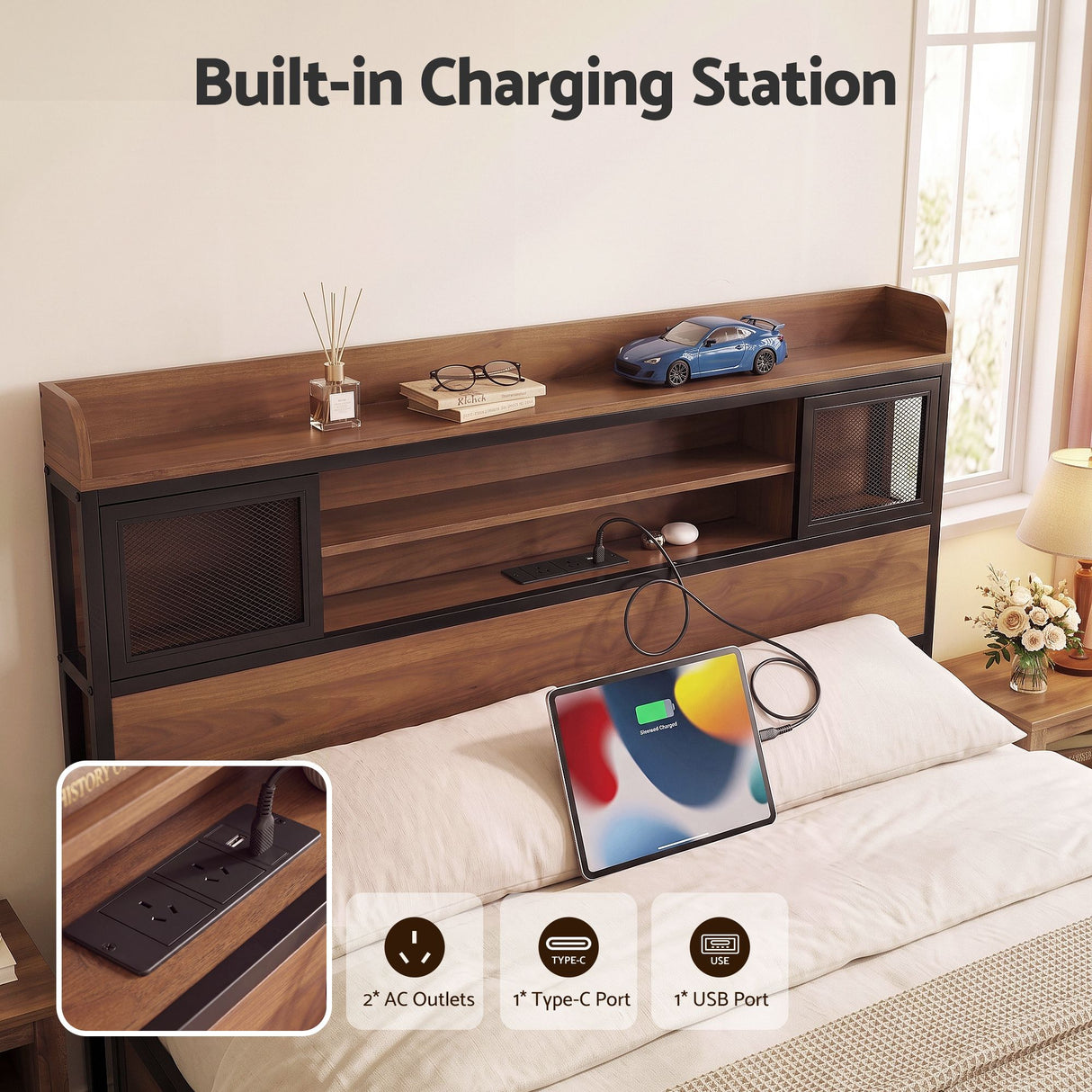 Artiss Queen Bed Frame with Charging Station 4 Drawers Storage Oak