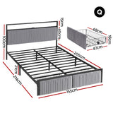 Artiss Metal Bed Frame Queen Size LED Charging Station 2 Drawers - Front View