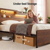 Artiss Double Bed Frame Metal with Charging Station LED Light Storage Shelf - Close-Up Angle