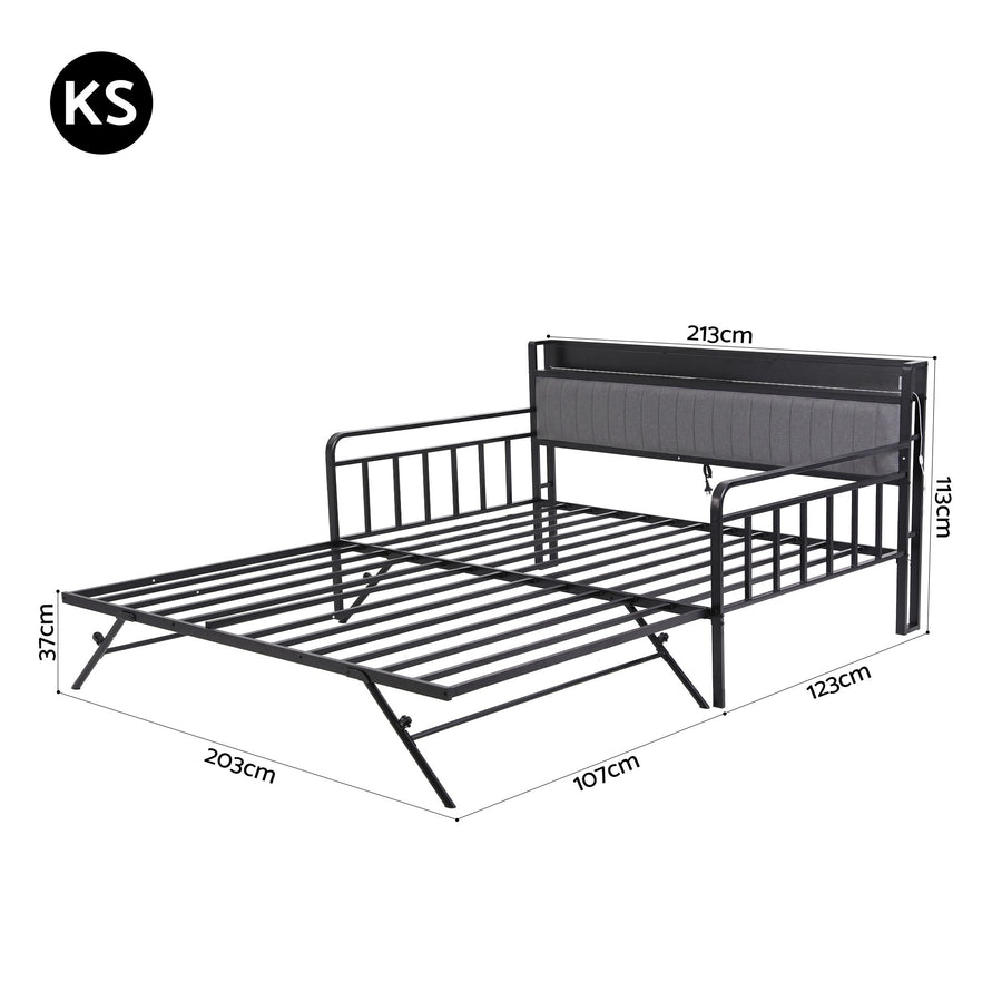 Artiss Bed Frame King Single LED Metal Trundle Daybed with Charging Station TURN