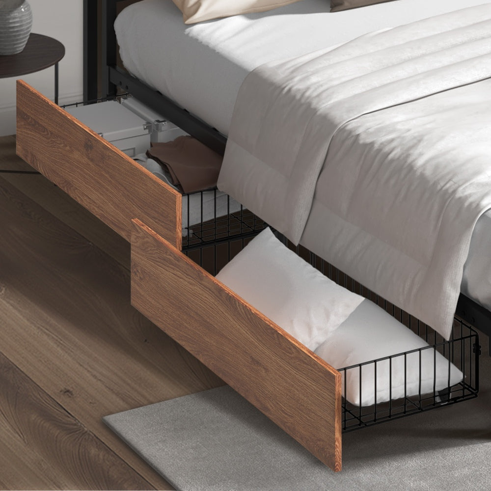 Oikiture 2x Bed Frame Storage Drawers with Wheels Metal Brown