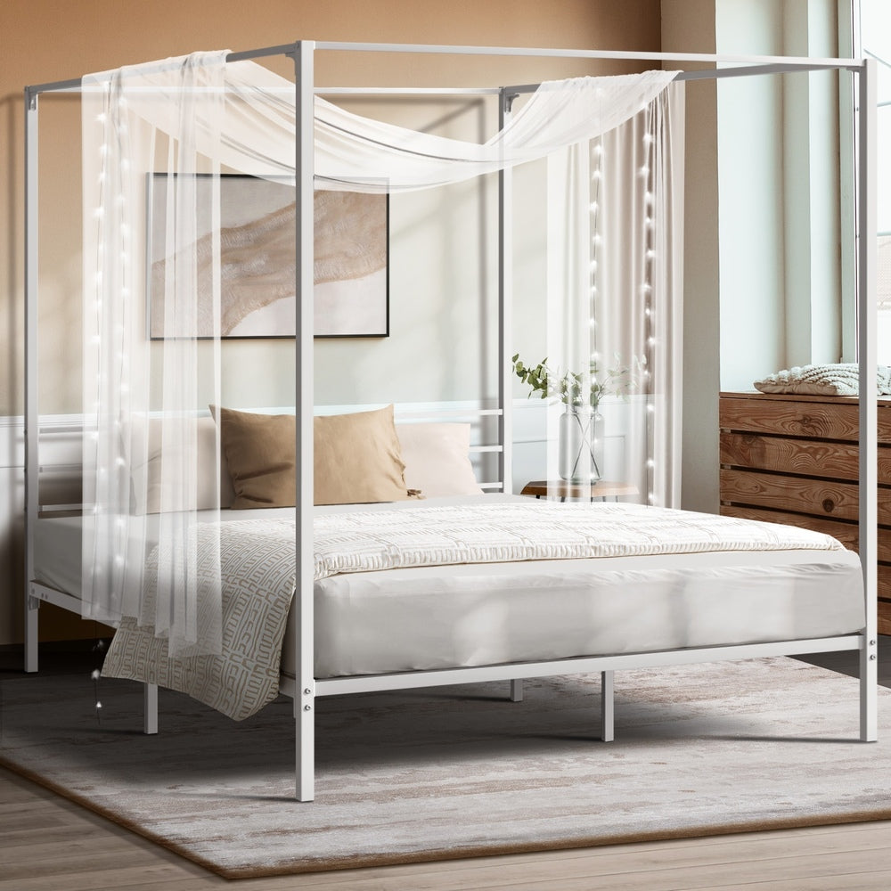Oikiture Metal Canopy Bed Frame Double Size White