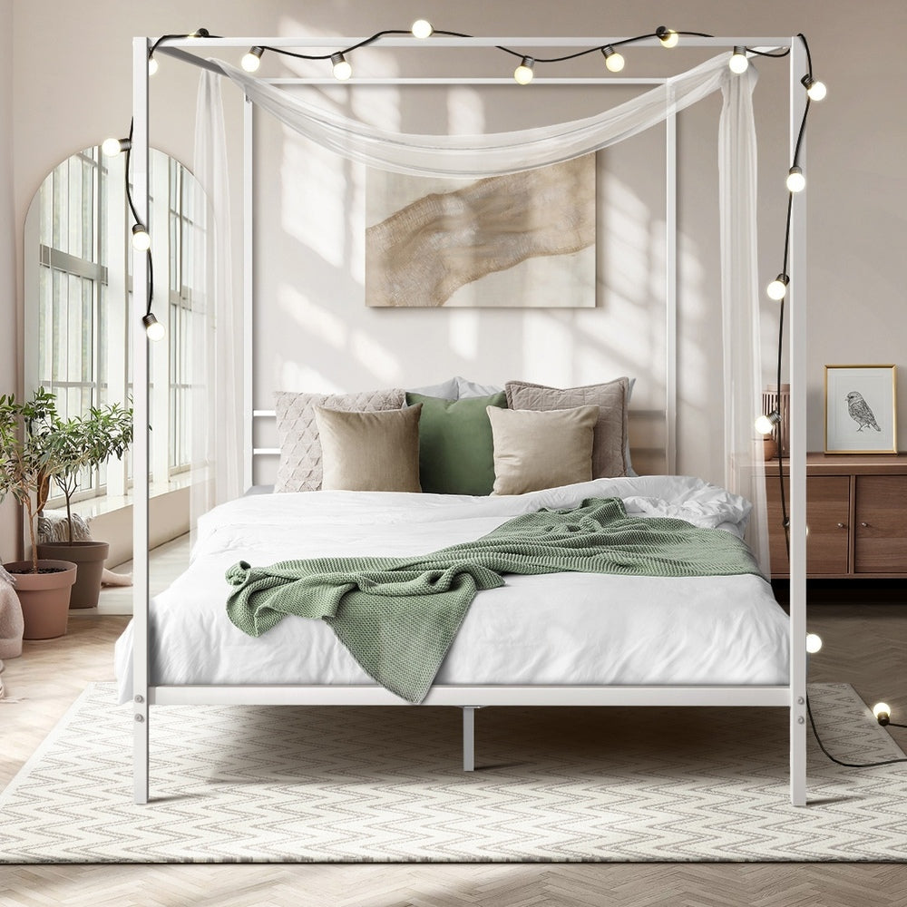 Oikiture Metal Canopy Bed Frame Double Size White
