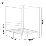 Oikiture Metal Canopy Bed Frame Double Size White - Low Angle