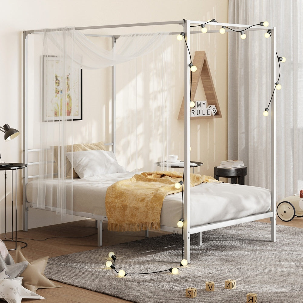 Oikiture Metal Canopy Bed Frame Single Size White