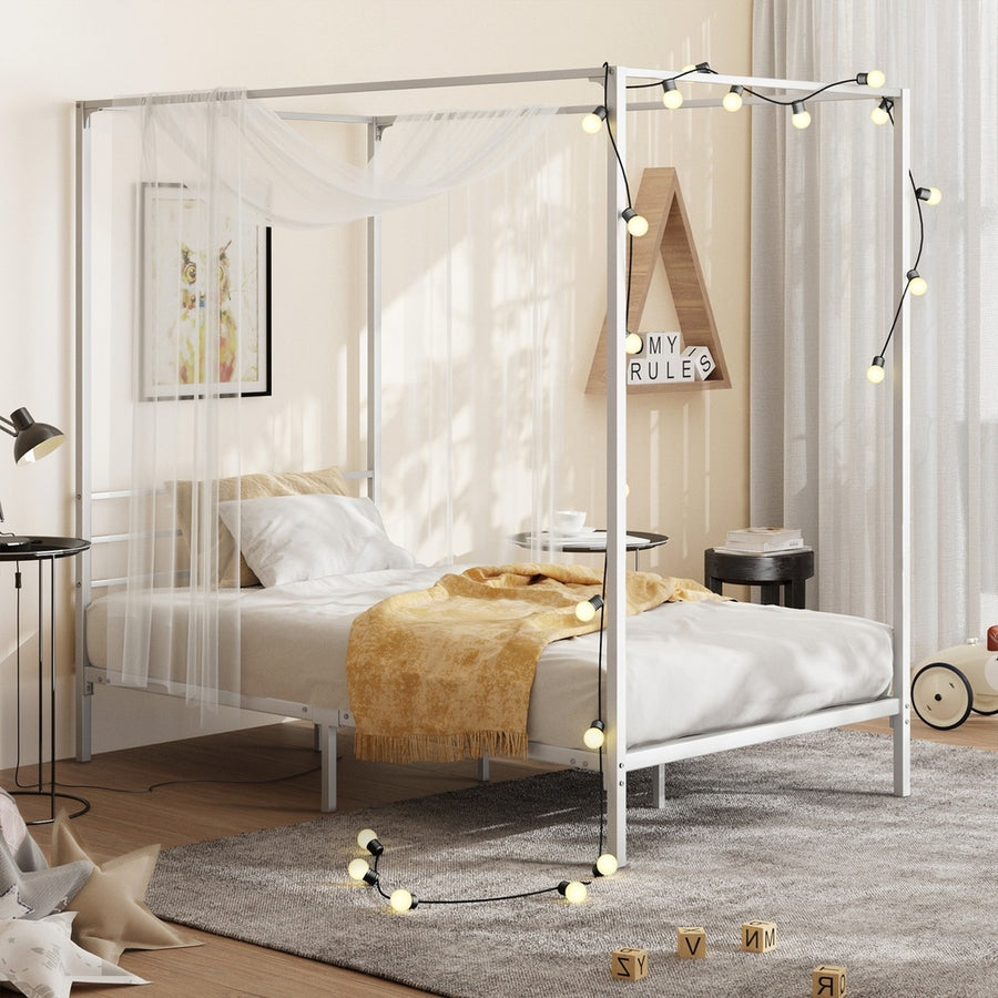 Oikiture Metal Canopy Bed Frame Single Size White, image 9