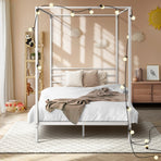 Oikiture Metal Canopy Bed Frame Single Size White, image 2