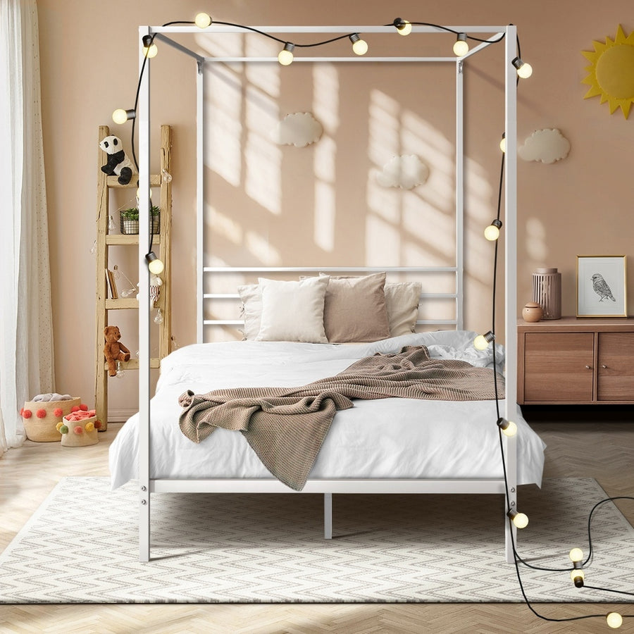 Oikiture Metal Canopy Bed Frame Single Size White, image 2