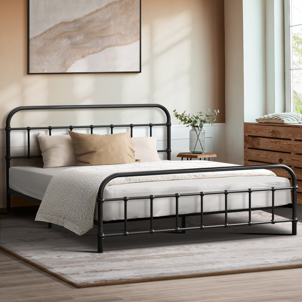 Oikiture Metal Bed Frame Double Size Railing-style Black