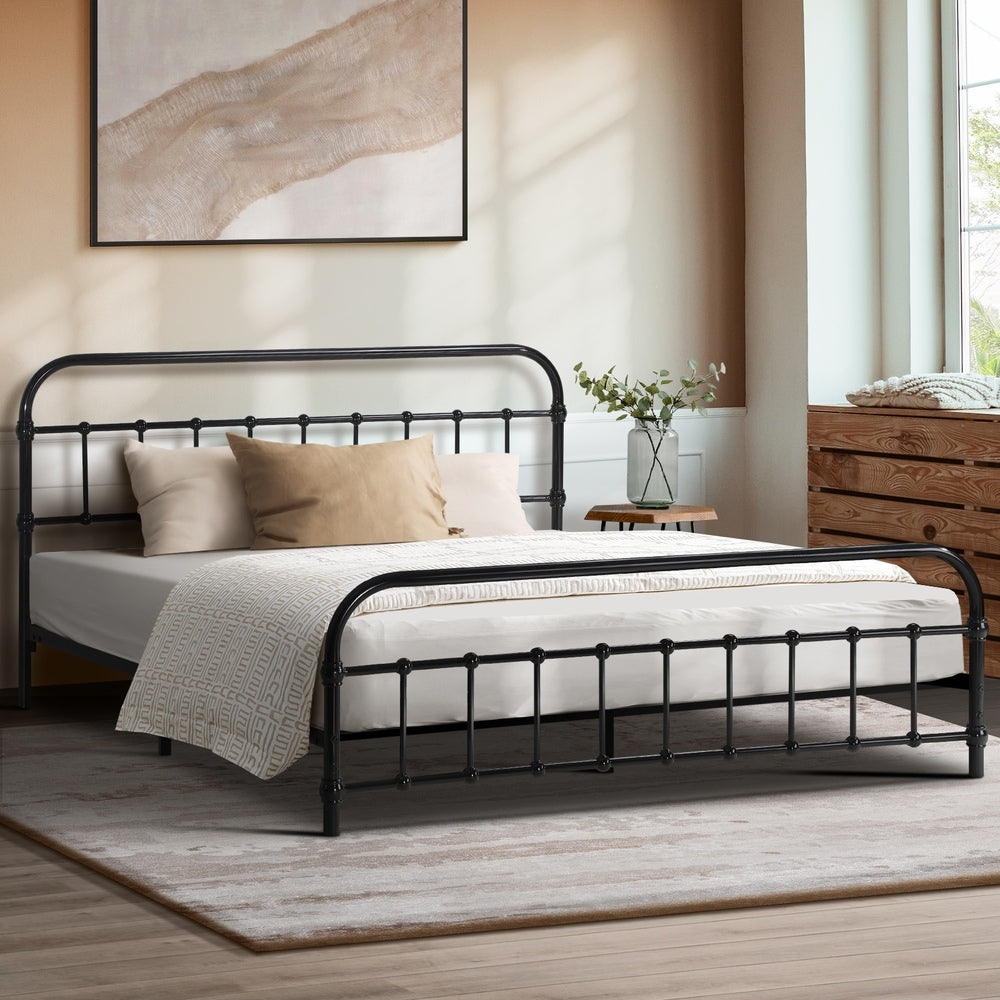 Oikiture Metal Bed Frame Queen Size Railing-style Black