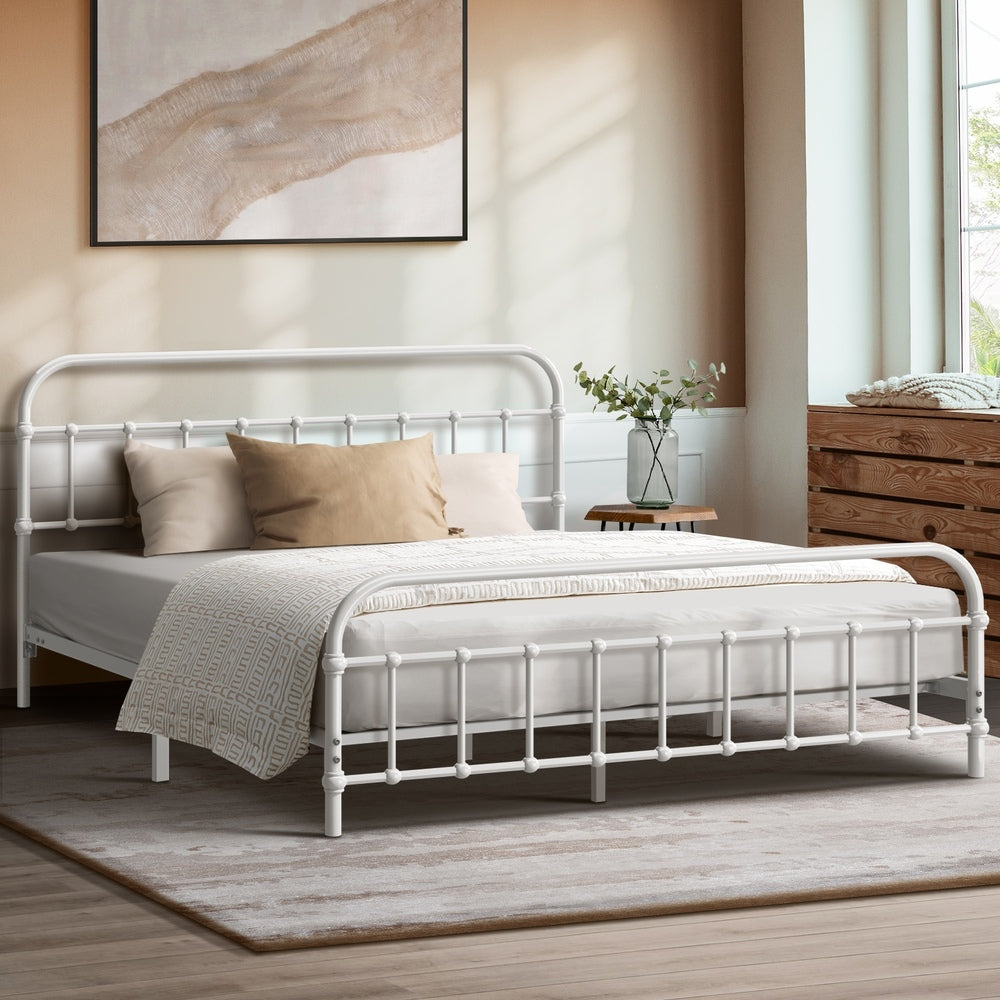 Oikiture Bed Frame Metal Queen Size Bed Platform White