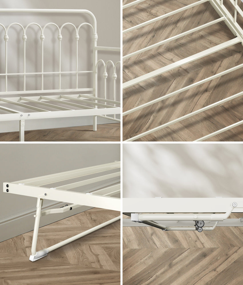 Oikiture Trundle Bed Frame Daybed Single Size Base Metal Beige