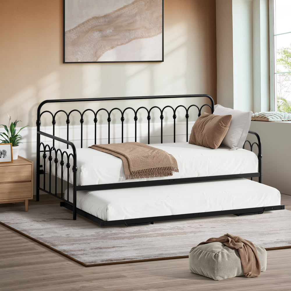 Oikiture Trundle Bed Frame Daybed Single Size Base Metal Black