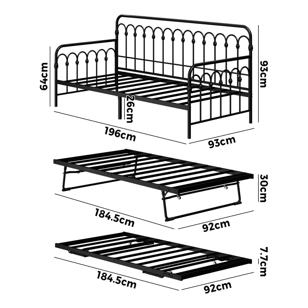 Oikiture Trundle Bed Frame Daybed Single Size Base Metal Black