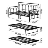 Oikiture Trundle Bed Frame Daybed Single Size Base Metal Black - Front View