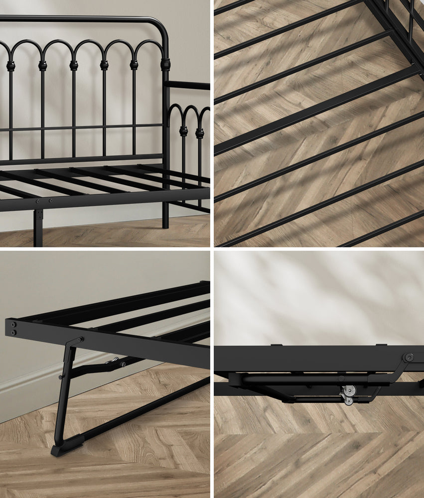 Oikiture Trundle Bed Frame Daybed Single Size Base Metal Black