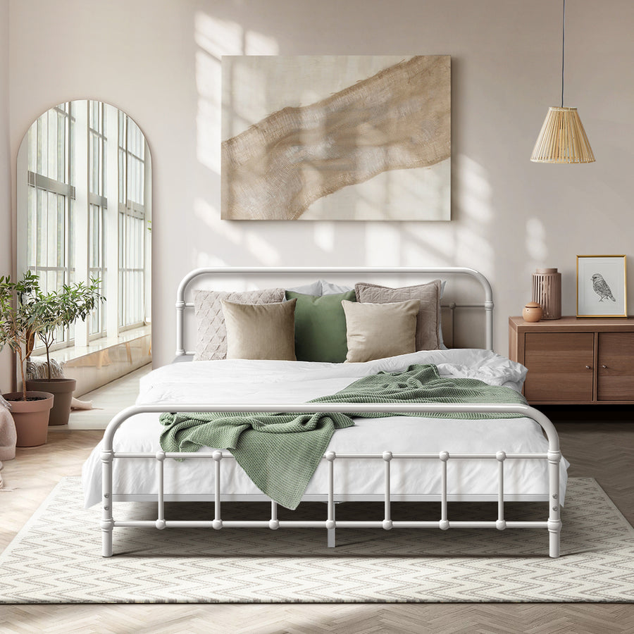 Oikiture Bed Frame Metal Bed Base Double Size Bed Platform White