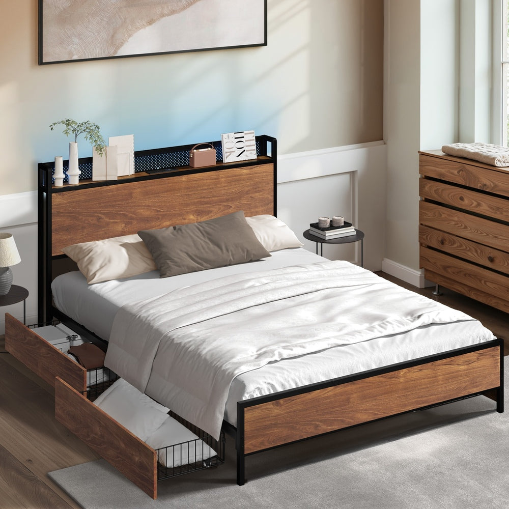 Oikiture Metal Bed Frame Double Size LED Headboard 2 Storage Drawers USB