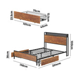 Oikiture Metal Bed Frame Double Size LED Headboard 2 Storage Drawers USB - Rear View