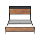 Oikiture Metal Bed Frame Double Size LED USB Charge Storage Headboard