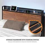Oikiture Metal Bed Frame Double Size LED USB Charge Storage Headboard - Side View