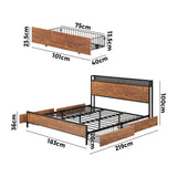 Oikiture Metal Bed Frame King Size LED Headboard 4 Storage Drawers USB - Side View
