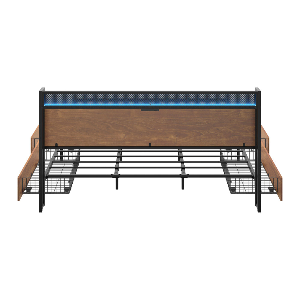 Oikiture Metal Bed Frame King Size LED Headboard 4 Storage Drawers USB