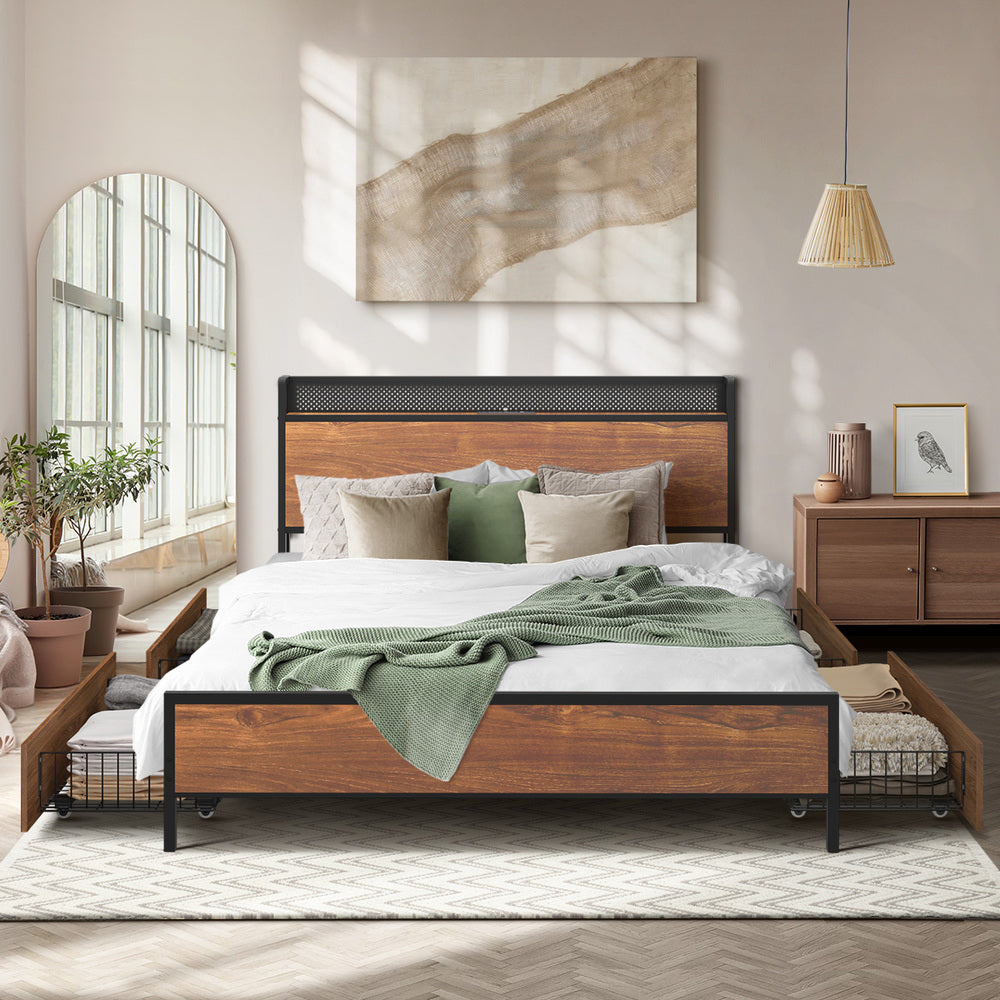 Oikiture Metal Bed Frame King Size LED Headboard 4 Storage Drawers USB