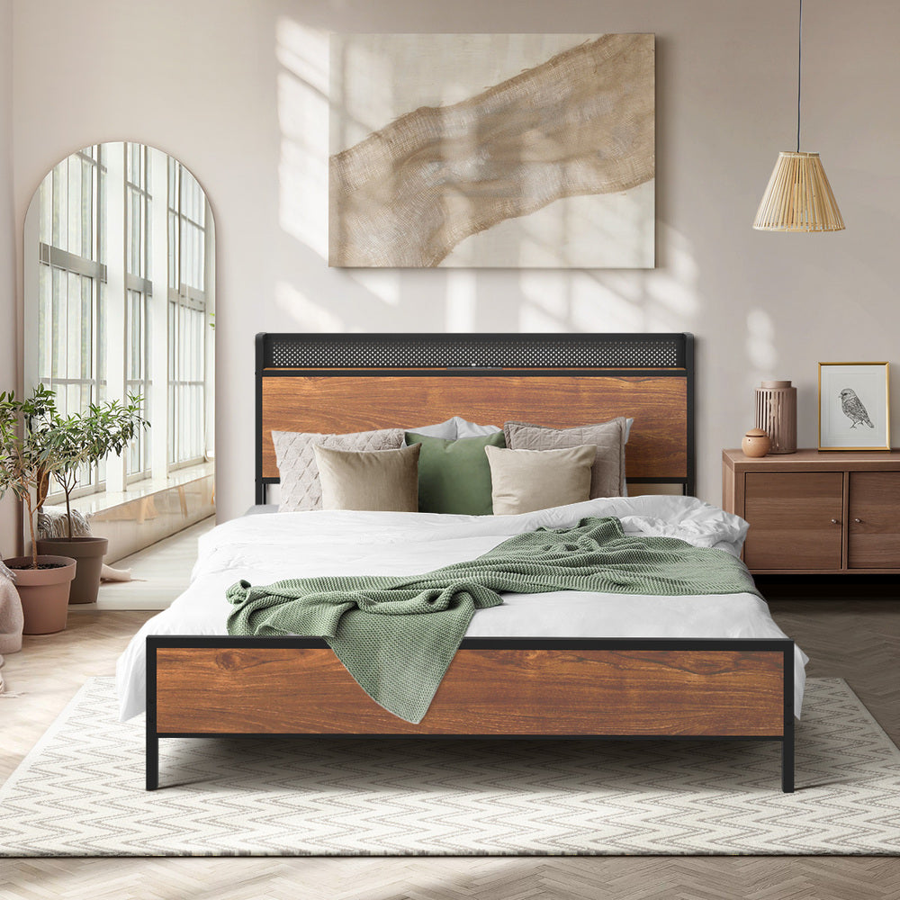 Oikiture Metal Bed Frame King Size LED USB Charge Storage Headboard