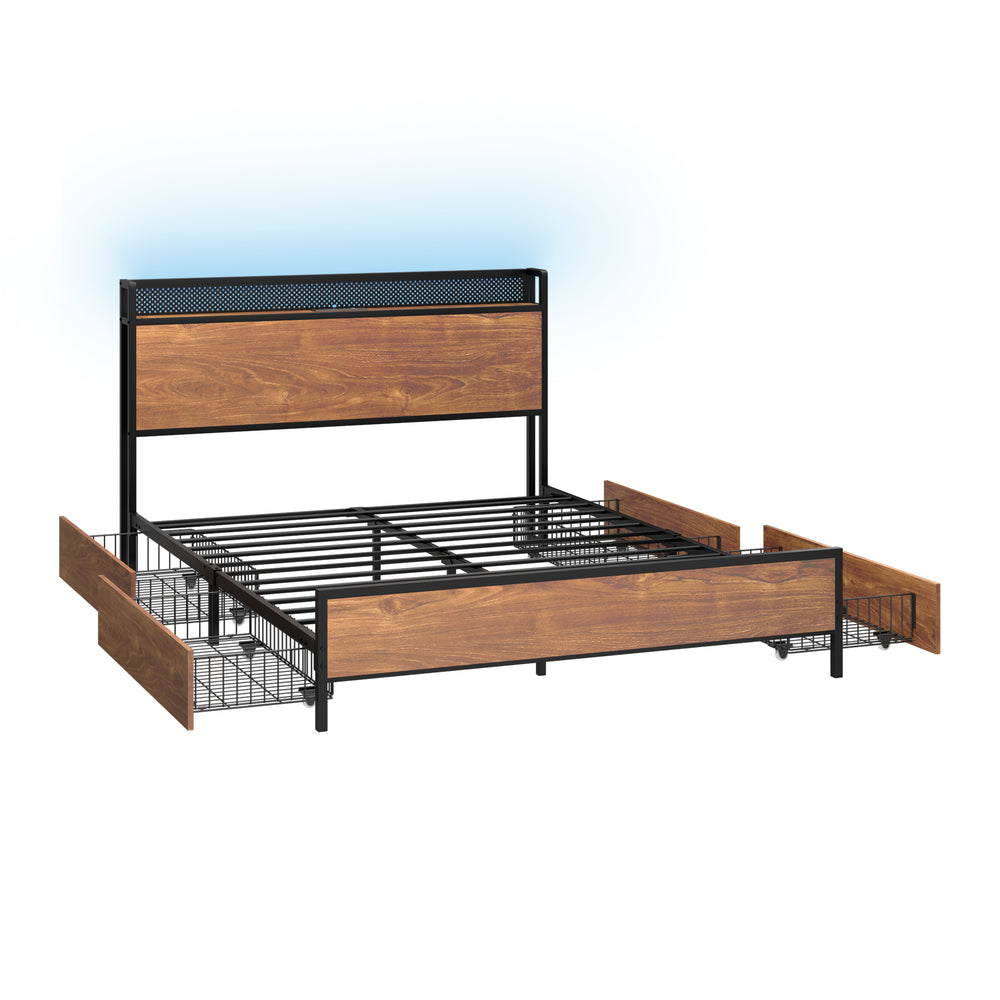 Oikiture Metal Bed Frame Queen Size LED Headboard 4 Storage Drawers USB