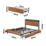 Oikiture Metal Bed Frame Queen Size LED Headboard 4 Storage Drawers USB